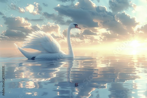 Fototapeta Naklejka Na Ścianę i Meble -  A serene swan in a 3D crystal lake setting portrays grace and beauty, embodying tranquility and elegance.