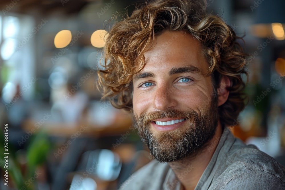 Engaging portrait of a man in a casual setting, with inviting warm background cafe lights Engaging portrait of a man in a casual setting, with inviting warm background cafe lights