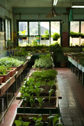 A school implementing a garden-to-cafeteria program, educating children on sustainable food production and healthy eating.