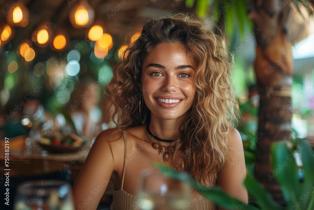 A radiant woman smiling while seated in a tropical-themed restaurant with lush greenery A radiant woman smiling while seated in a tropical-themed restaurant with lush greenery