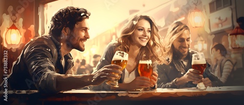 Group of handsome young men in casual clothing enjoying beer while sitting at the bar counter in pub 