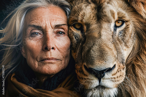 Intense gaze shared between elderly woman and lion. Generative AI image photo