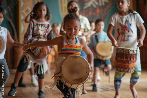 Children learning traditional dances from one culture and modern music from another, a blend of their parents' backgrounds.