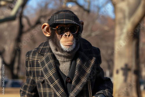Stylish monkey in chic outfit and sunglasses outdoors. Generative AI image photo