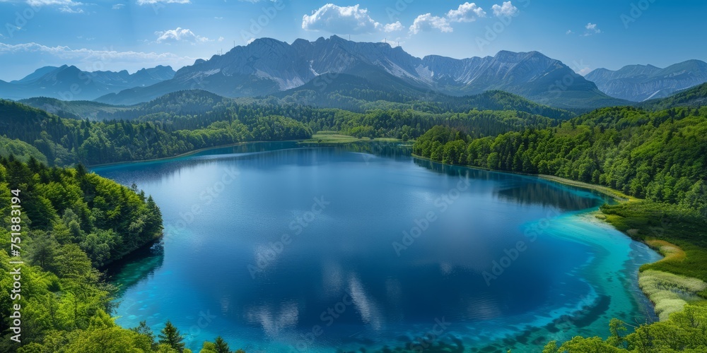 landscape with a lake surrounded by lush greenery. The water in the lake is calm and reflects the bright, blue sky with a few white clouds.