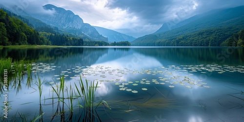 landscape with a lake surrounded by lush greenery. The water in the lake is calm and reflects the bright, blue sky with a few white clouds.
