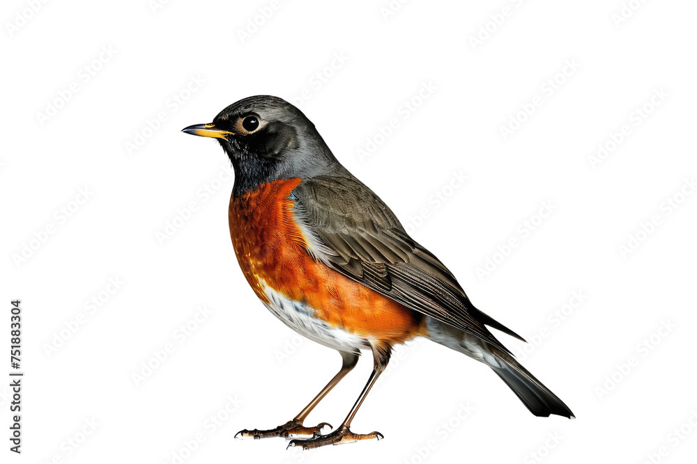 American robin bird, full body isolation on a pristine white background, high quality stock photograph, displaying vivid red-orange breast, gray-brown wings and tail, small dark eyes gazing American robin bird, full body isolation on a pristine white background, high quality stock photograph, displaying vivid red-orange breast, gray-brown wings and tail, small dark eyes gazing