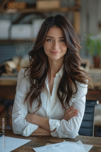 business woman smiling and leaning on office desk while looking at camera in a modern and bright office. Business woman concept