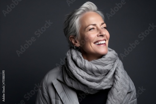Portrait of a happy senior woman in grey coat and scarf.