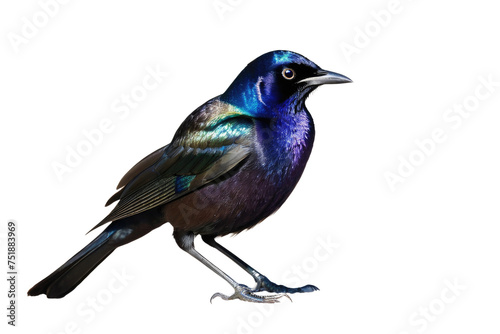 Common grackle bird, full body, high quality stock photograph, isolated on white background, feathers shimmering with iridescent purple and blue, yellow piercing eyes, natural light, ultra clear