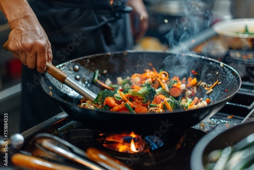 Close up of hands of man skillfully stir-frying a colorful mixture of noodles, broccoli, and carrots in a black wok on a gas stove, with kitchen utensils nearby.