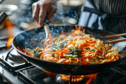 Close up of hands of man skillfully stir-frying a colorful mixture of noodles, broccoli, and carrots in a black wok on a gas stove, with kitchen utensils nearby.