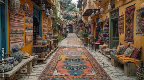 A narrow alleyway in the city with shops and a rug