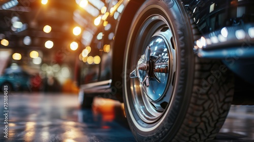 Gleaming chrome details on a classic car wheel, reflecting city lights photo