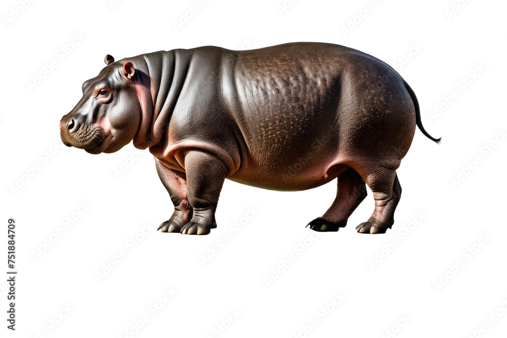 Fototapeta premium Hippopotamus, full body, high-quality stock photograph, isolation on white background, contrasts highlighted, soft-edged shadows, clean, minimalist composition, ultra clear, high-resolution image
