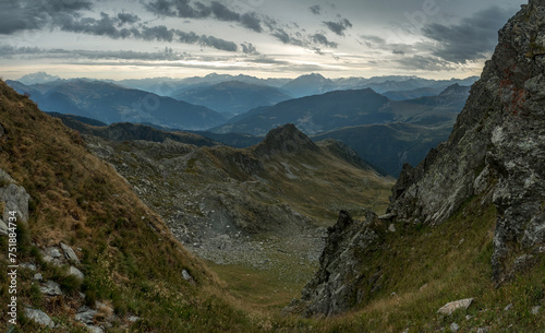 Col de Montartier en été en Savoie , vue sur la Vanoise ,Massif de la Lauzière, Alpes , France