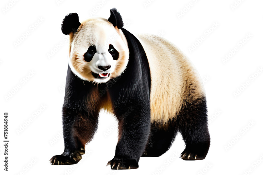Giant panda bear standing, exuding joy, full body in high-key lighting, isolated against a pure white background, looking directly into the camera, sharp focus on the panda's features