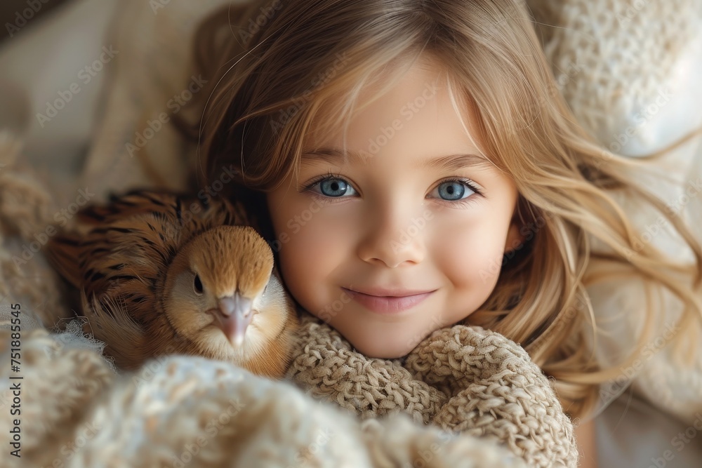 Adorable child with sparkling blue eyes holds a small chick tenderly, surrounded by a cozy and soft knitted texture Adorable child with sparkling blue eyes holds a small chick tenderly, surrounded by a cozy and soft knitted texture