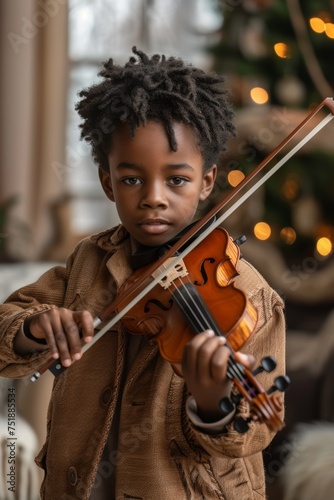 A black focused young boy practices playing the violin in a well-lit, cozy living room.