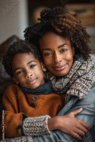 A black mother embracing her charming son in a loving hug on a couch, sharing a tender moment of connection. Motherhood concept