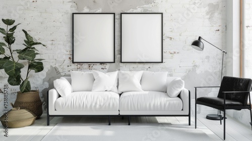 Living room furnished with a white sofa and black armchair, featuring blank posters on the wall