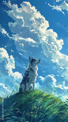 idyllic Doggy Day: Colorful Illustration of Dog Enjoying Sunlit Sky on Grass Hill