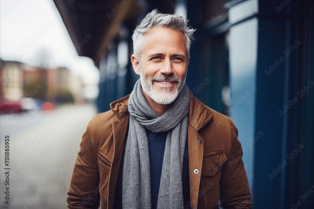 Portrait of a handsome mature man with a gray beard and a scarf