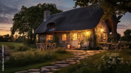 peaceful evening cottage building © vectorwin