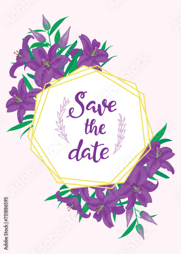 Floral save date card adorned purple lilies against pink background. Elegant ...