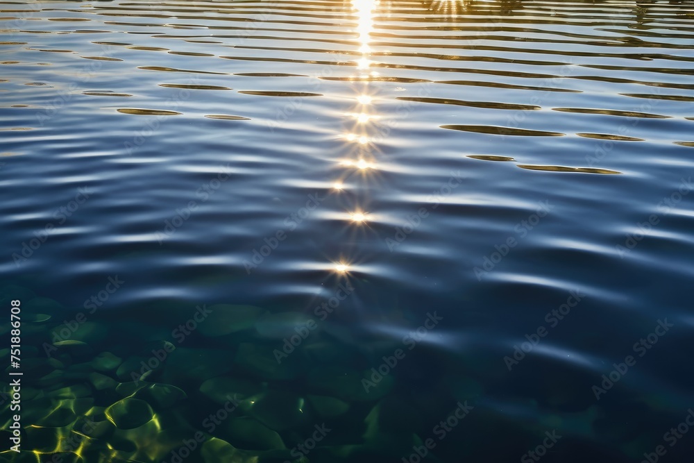 Sunlight dappled over a rippled water surface, sparkling reflections dancing amidst gentle undulations, background imbued with the glow of a setting sun, shadows playing between the light rays Sunlight dappled over a rippled water surface, sparkling reflections dancing amidst gentle undulations, background imbued with the glow of a setting sun, shadows playing between the light rays