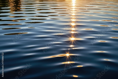 Sunlight dappled over a rippled water surface, sparkling reflections dancing amidst gentle undulations, background imbued with the glow of a setting sun, shadows playing between the light rays