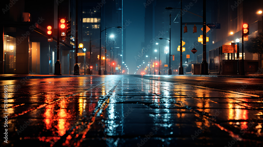 night view of the city, A street with a puddle and a street light that says i love rain night view of the city, A street with a puddle and a street light that says i love rain