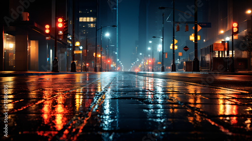 night view of the city  A street with a puddle and a street light that says i love rain