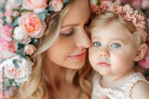 A tender moment between a mother and her child, both adorned with floral headbands, sharing a loving gaze.