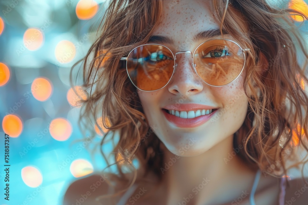 Smiling young woman's portrait with wavy hair and trendy sunglasses, featuring a bokeh light background Smiling young woman's portrait with wavy hair and trendy sunglasses, featuring a bokeh light background