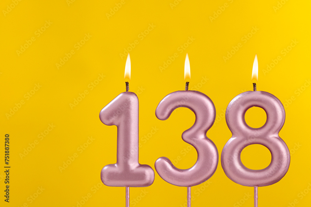Birthday candle number 138 - Birthday celebration on yellow background Birthday candle number 138 - Birthday celebration on yellow background