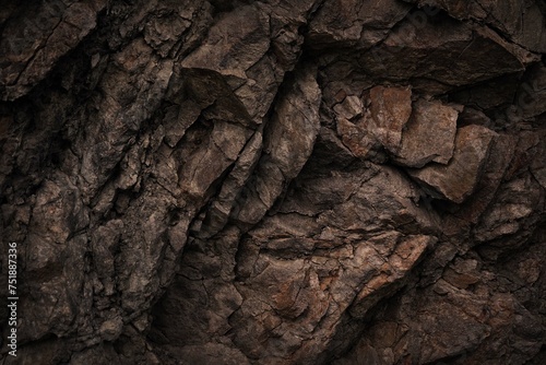 Black dark brown gray stone rock granite basalt texture background. Mountains surface. Close-up. Cracked broken crumbled.