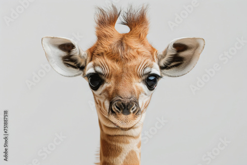 A charming close-up of a baby giraffe with big, soulful eyes and distinctive patterned fur, looking curiously at the camera.