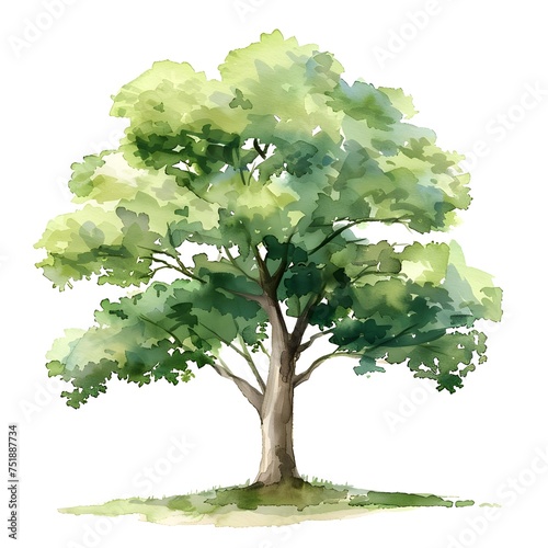 Watercolor Illustration of a Realistic Green Oak Tree photo