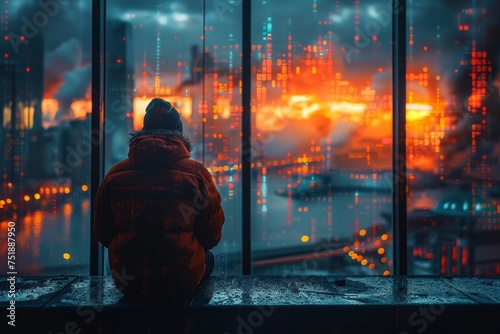 A lone individual sits before a vibrant, futuristic city view with reflections emphasizing depth and emotion