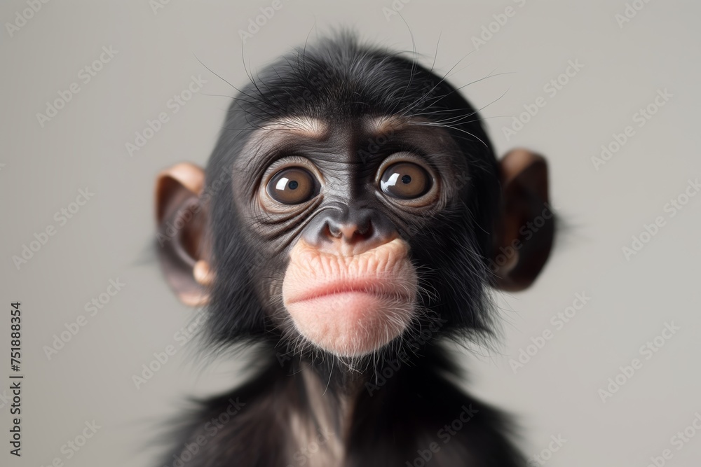 A close-up portrait of a young black monkey with large, captivating eyes and a surprised expression.