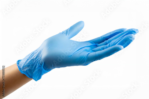 手に青いゴム手袋をした様子／白背景 photo