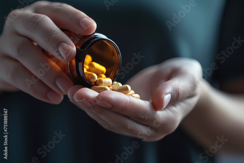 Hands of a woman pouring yellow capsules or tablets into her palm from a dark glass package, selective focus on hands. Health and medicine theme or opioid and antidepressant addiction 