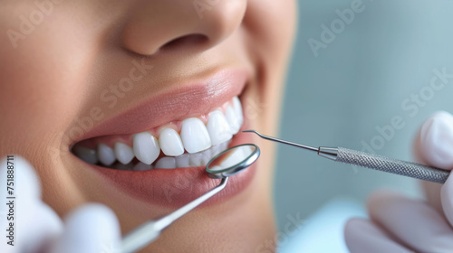 A young woman at the dentist. Dental care, dental care. Dental tools next to a beautiful smile of white teeth. Image with copy space for background. Close up 