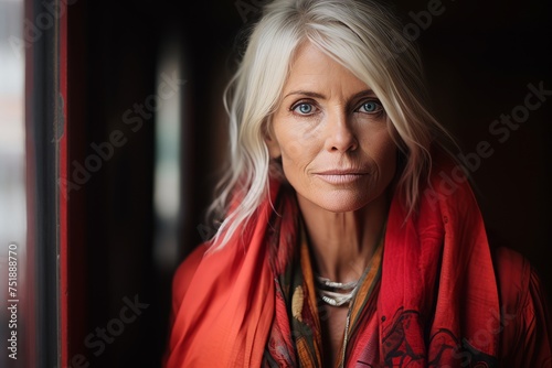 Portrait of a beautiful middle aged woman in red shawl