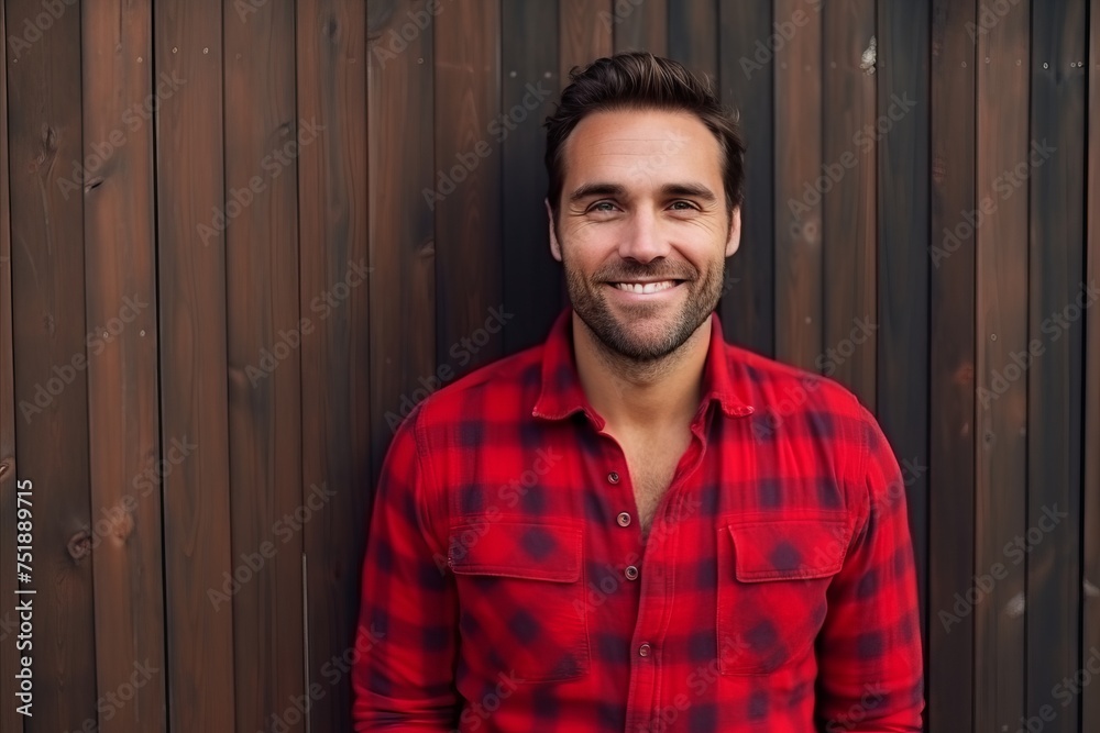 Portrait of a handsome young man leaning against a wooden wall smiling at the camera Portrait of a handsome young man leaning against a wooden wall smiling at the camera