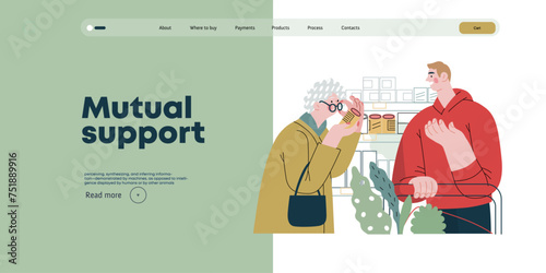 Mutual Support: Helping a visually impaired person -modern flat vector concept illustration of man offering to read label for woman in supermarket A metaphor of voluntary, collaborative exchanges