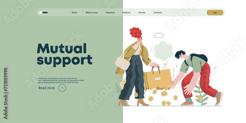 Mutual Support: Pick up fallen item -modern flat vector concept illustration of man collecting fruits that fell from woman's bag A metaphor of voluntary, collaborative exchanges of resource, services