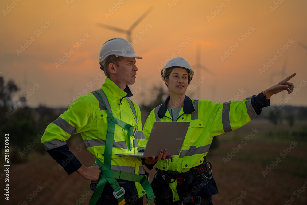Team Engineers men and woman checking and inspecting on construction with sunset sky. people operation. Wind turbine for electrical of clean energy and environment. Industrial of sustainable. Team Engineers men and woman checking and inspecting on construction with sunset sky. people operation. Wind turbine for electrical of clean energy and environment. Industrial of sustainable.