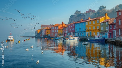 Seagulls soar above colorful buildings and boats in a vibrant harbor landscape